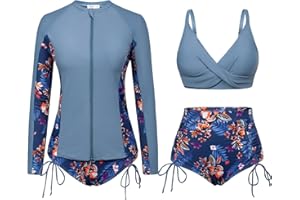 JASAMBAC Women 3 Piece Rash Guard Long Sleeve Zip Up Swimsuits with Boyshort UV UPF 50+ Swim Shirt Built in Bra