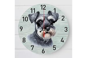 Miniature Schnauzer Dog Wall Clock, Round Decorative Clock, Black and Gray Pet Design Round, Dog Portrait Design, Black Numbe
