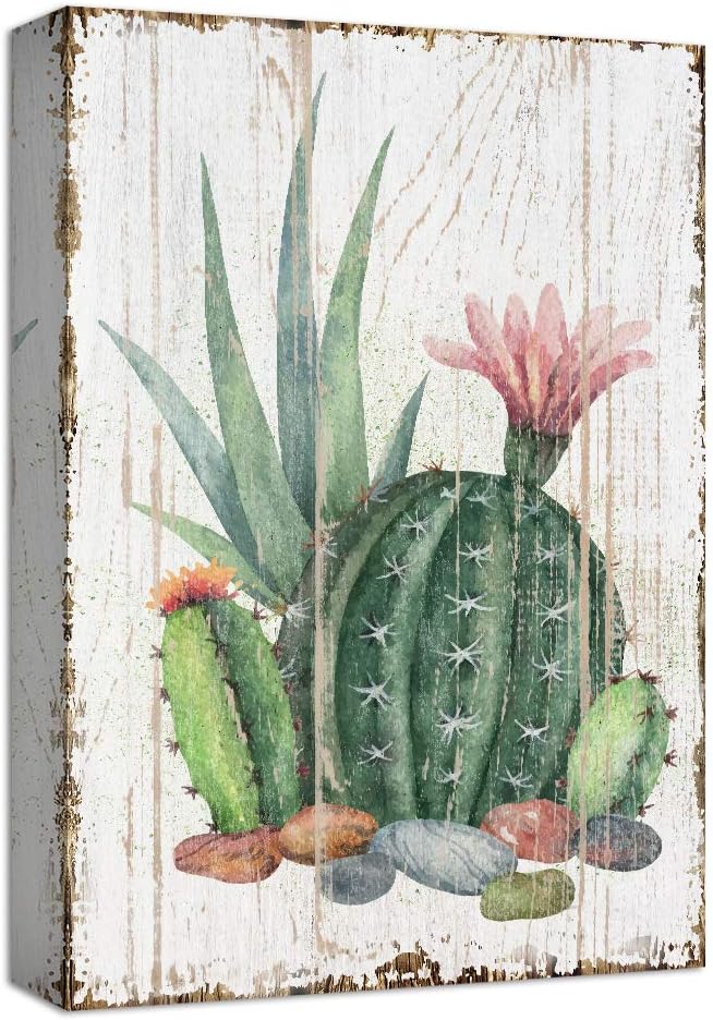 NWT Canvas Print Wall Art Green Cactus with Pink Flowering Bud Floral Succulent Watercolor Modern Art Southwest Scenic Relax/Calm Multicolor Cool for Living Room, Bedroom, Office - 16"x24"