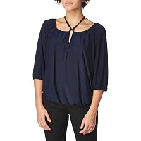 Star Vixen Women's 3/4 Sleeve Peasant Top With Front Tie - Navy Floral Print, Size Large