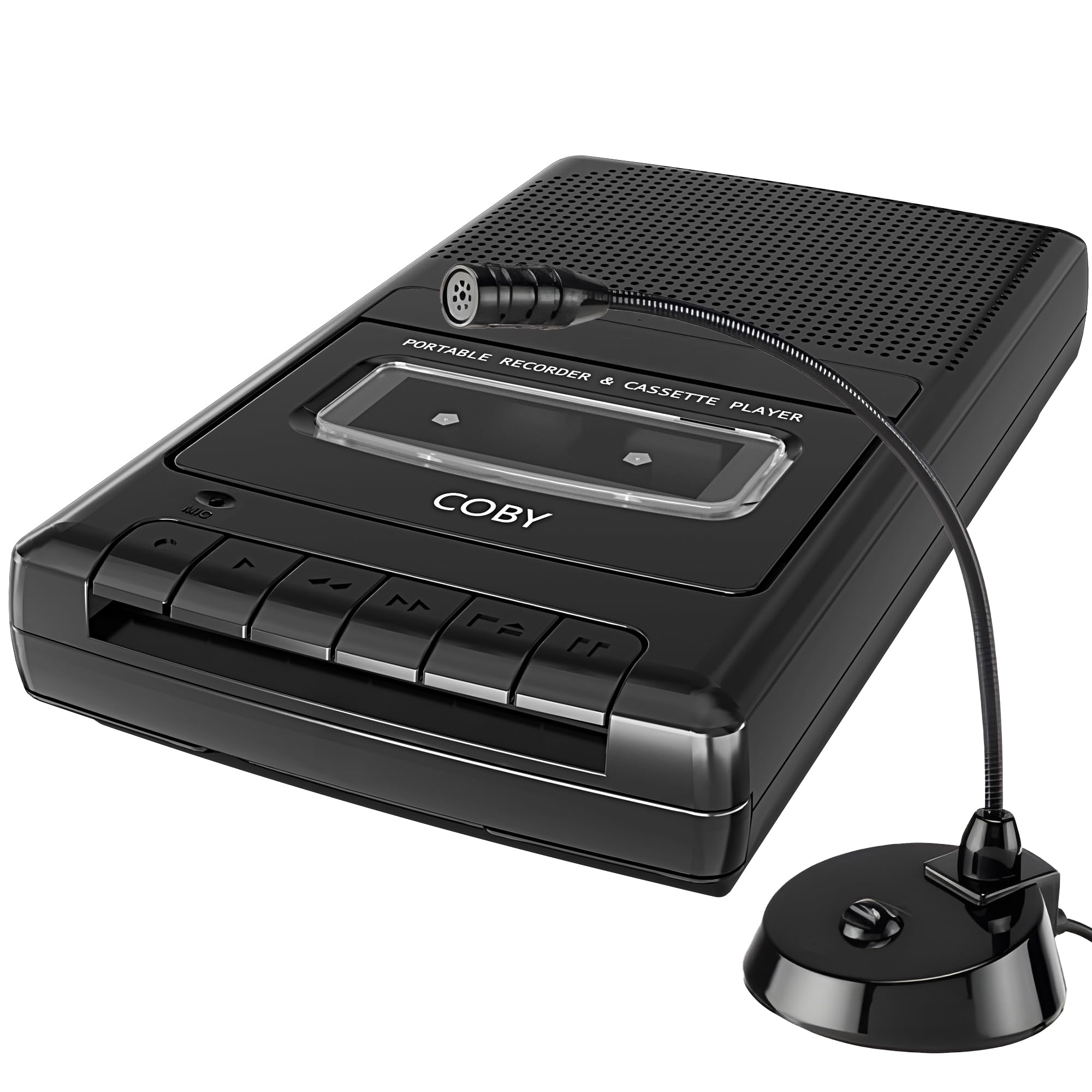 Coby Portable Cassette-Tape Player and One-Touch Recorder Bundle with External Boom Mic, One-Touch Recording, Auto-Stop Feature, and Built-in Handle, Retro Battery-Operated Design, 2 Items Total