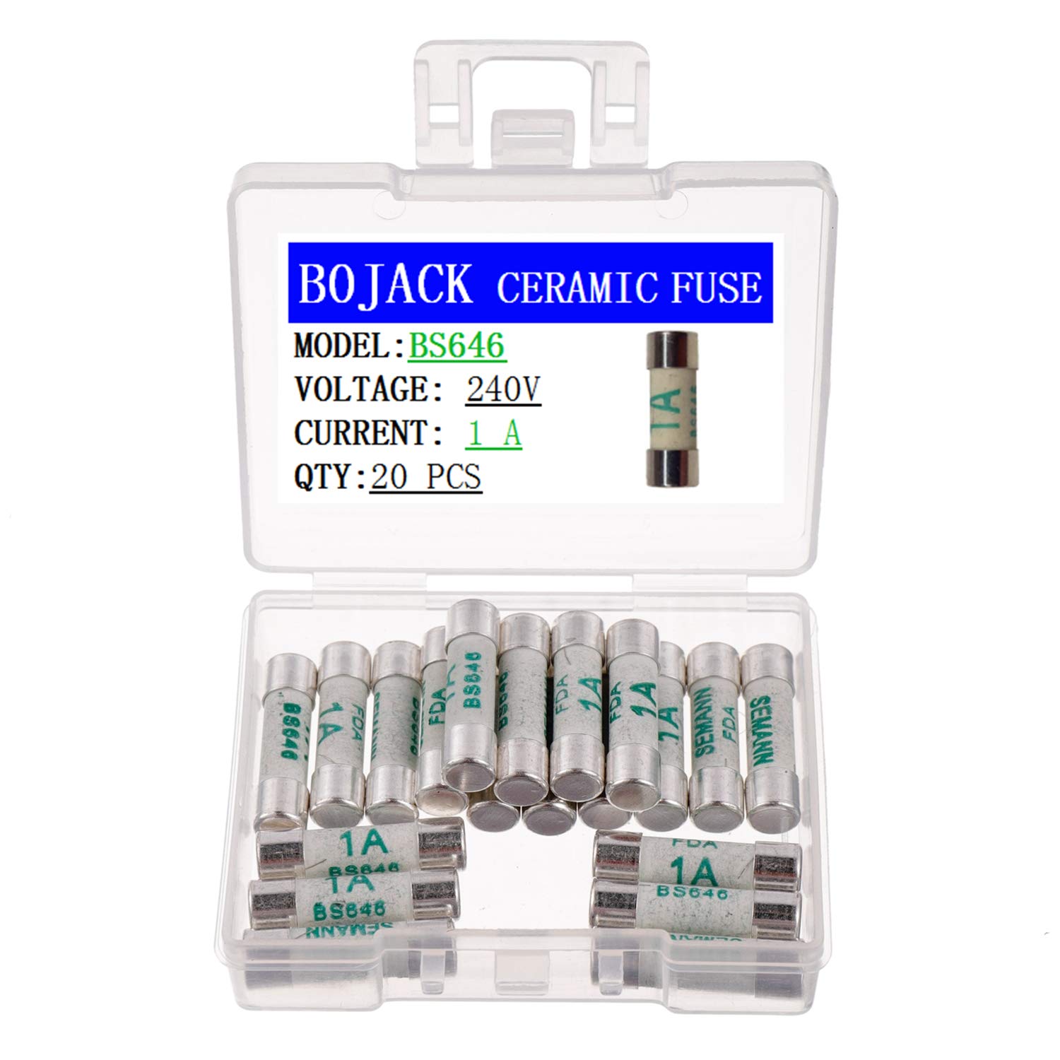 BOJACK BS646 1A 240V 5x20 mm Household Mains Plug Fuses 1 Amp 240 Volt 0.2x0.78 Inch Shaver Ceramic Tube fuses(Pack of 20 Pcs)