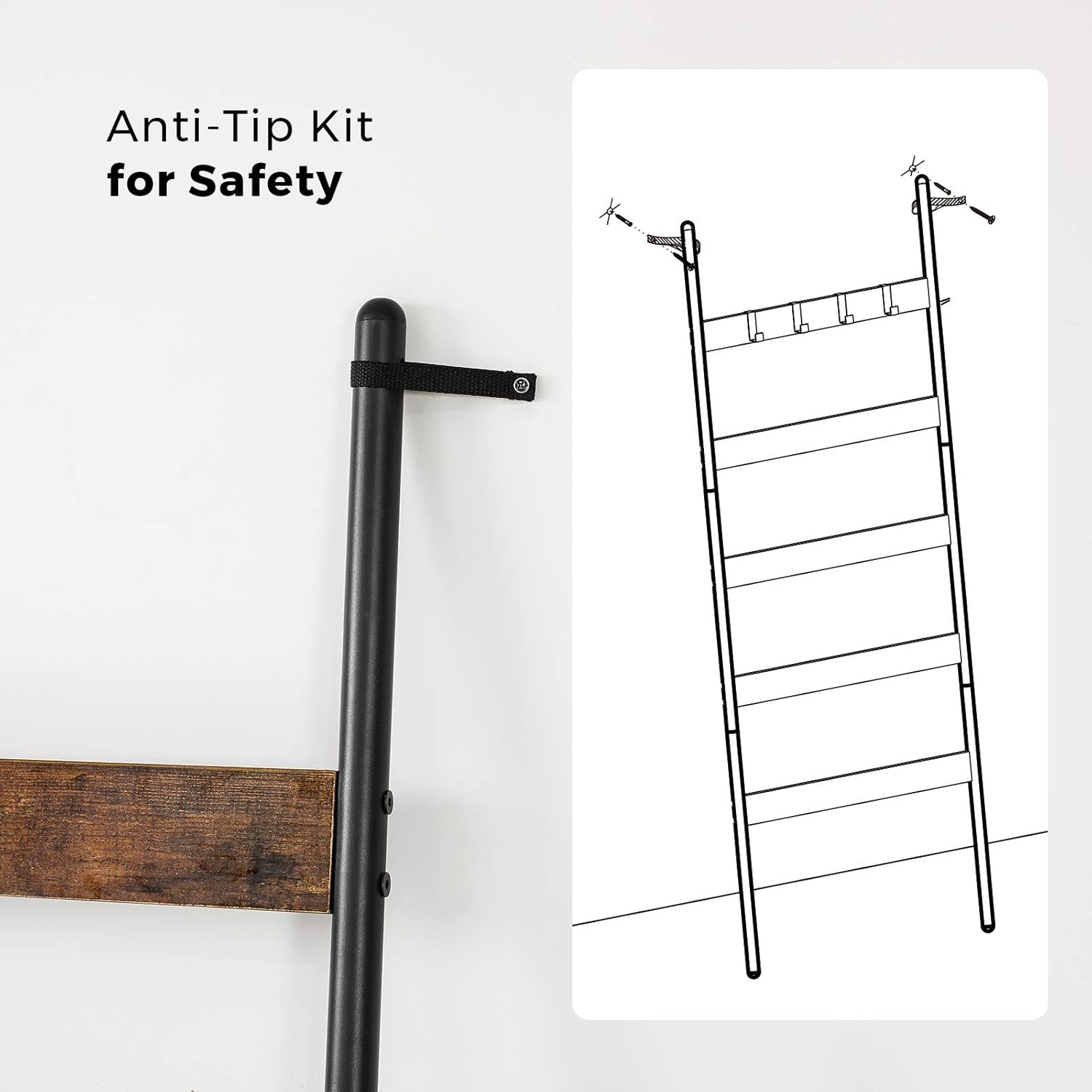 VASAGLE 5-Tier Blanket Ladder Shelf, Wall-Leaning Rack with 4 Hooks, Steel Frame, 23.6 Inch Wide, for Blankets, Scarves, Industrial Style, Rustic Brown and Black ULLS011B01: Furniture & Decor