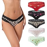 Mercedeshuang 5-pack Sexy Lace-Trimmed Women's Low-Rise Panties - Leopard & Heart Print, Breathable Stylish Underwear