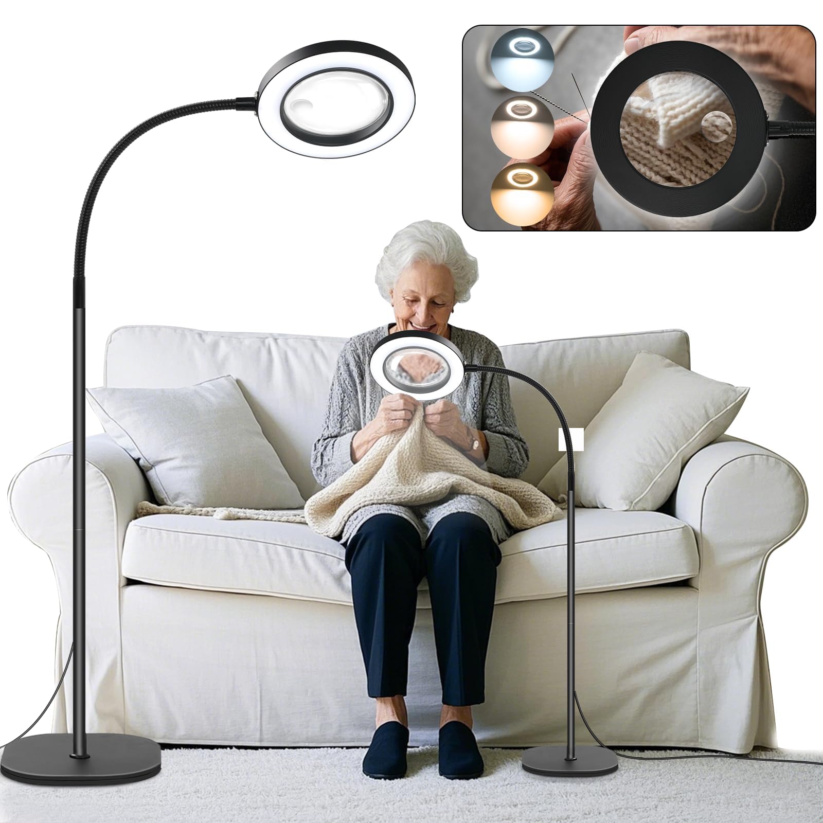 NZQXJXZ 5X 10X Magnifying Glass with Light and Stand, 2-in-1 Magnifying Lamp with 72 LEDs, 3 Color Modes 10 Stepless Dimmable Floor Standing Magnifying Glasses for Hobbies, Craft, Reading