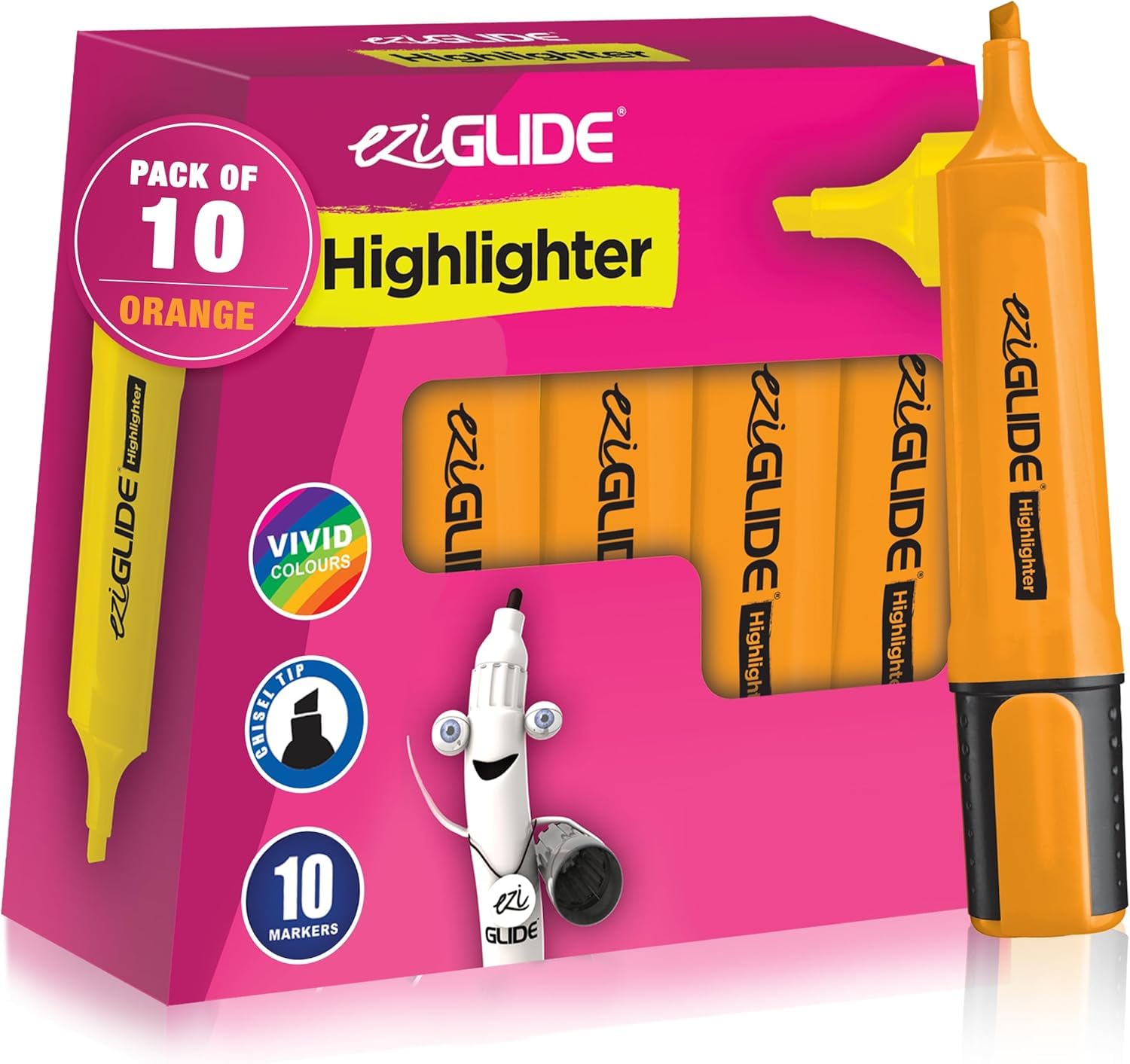 Eziglide 10-Pack Orange Highlighter Set – Chisel Tip Markers (1-4.5mm) for Precise & Clear Marking – Quick-Dry, Smudge-Free Ink, Perfect for Highlighting, Studying & Colouring at Work, & Home Use