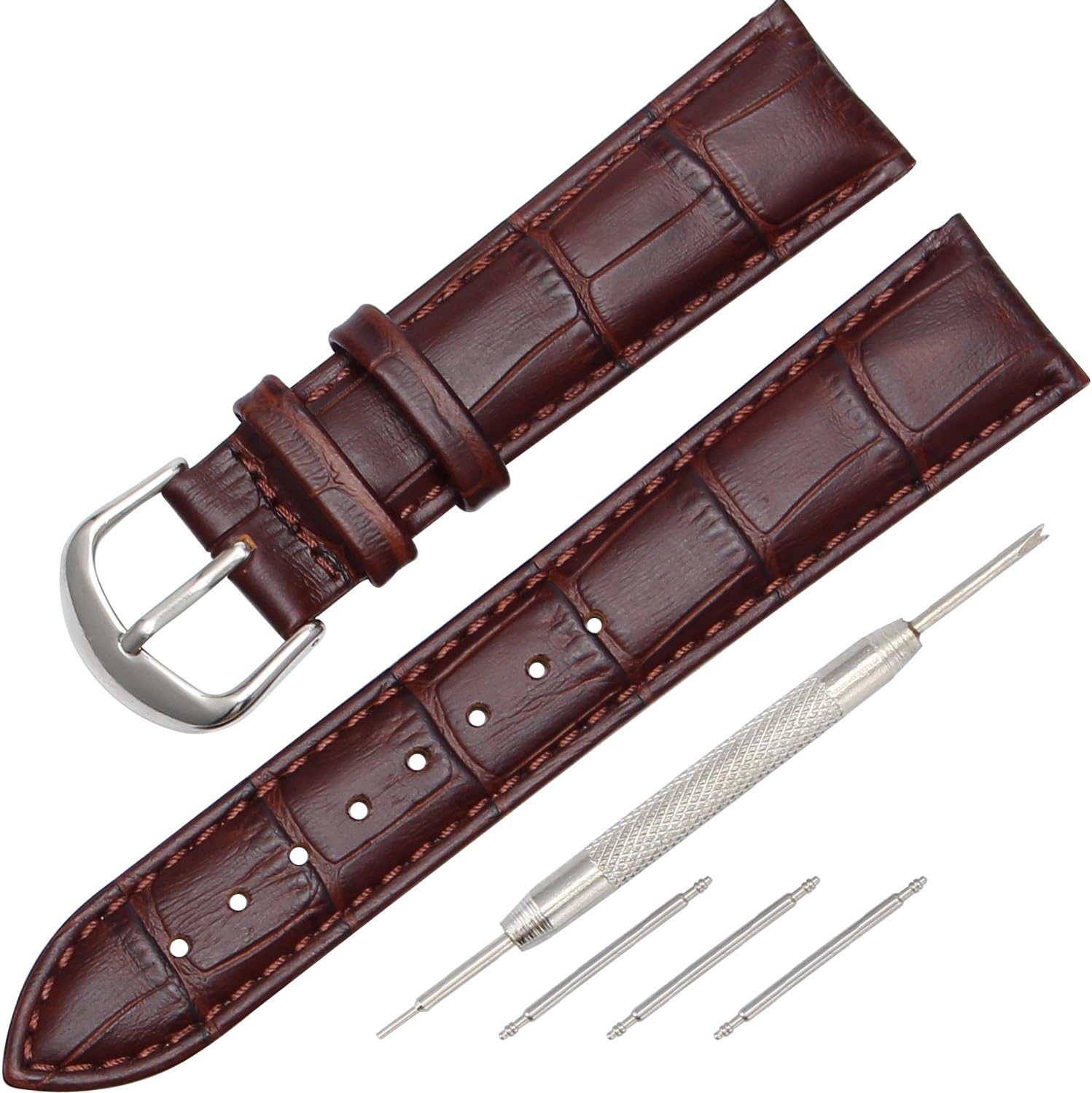 Woalmorn 22mm / 20mm Leather Watch Band, Genuine Cowhide Replacement Watch Strap (Black/Brown) for Men and Women with Silver Stainless Pins Clasp (22mm, Brown)