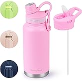 ThermoProof Double-Walled Vacuum Insulated Stainless Steel Water Bottle - Wide Mouth Canteen, Spout & Straw Lids, Dishwasher Safe, Reusable, Leakproof, Hot & Cold for Men, Women & Kids - 32oz, Pink