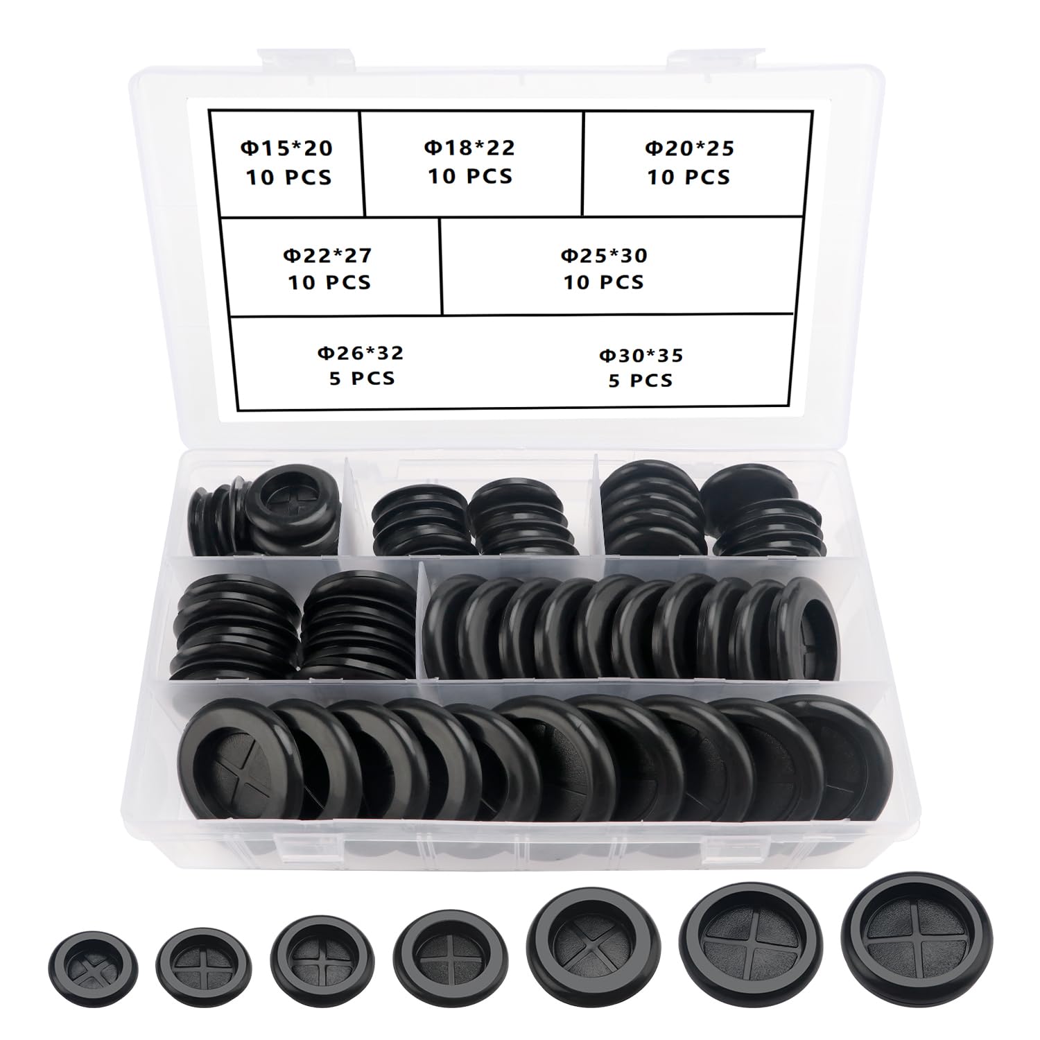 YIXISI 60 PCS 7 Sizes Rubber Grommets Kit, Conductor Gasket Ring Grommets, Black Rubber Hole Plugs Electrical Wire Gaskets, for Protecting Wires, Cables and Plugs