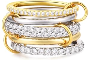Canboer 14K Gold Plated Interlocked Stackable Rings for Women Non Tarnish,Gold and Silver Cubic Zirconia Statement Rings Set,Mixed Metals Ring Two-Toned Connected Bands Stacking Jewelry