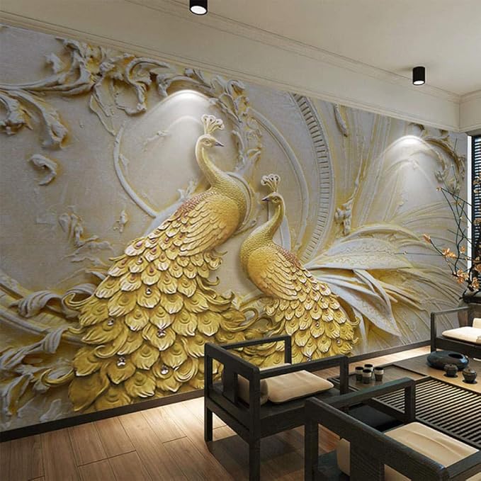 3D Estéreo Relieve Dorado Peacock Mural Papel Pintado Autoadhesivo
