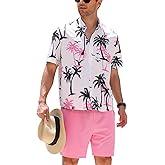 OLEMEK Men's 2 Piece Outfits Hawaiian Tropical Print Short Sleeve Button Down Shirt and Drawstring Shorts Beach Set
