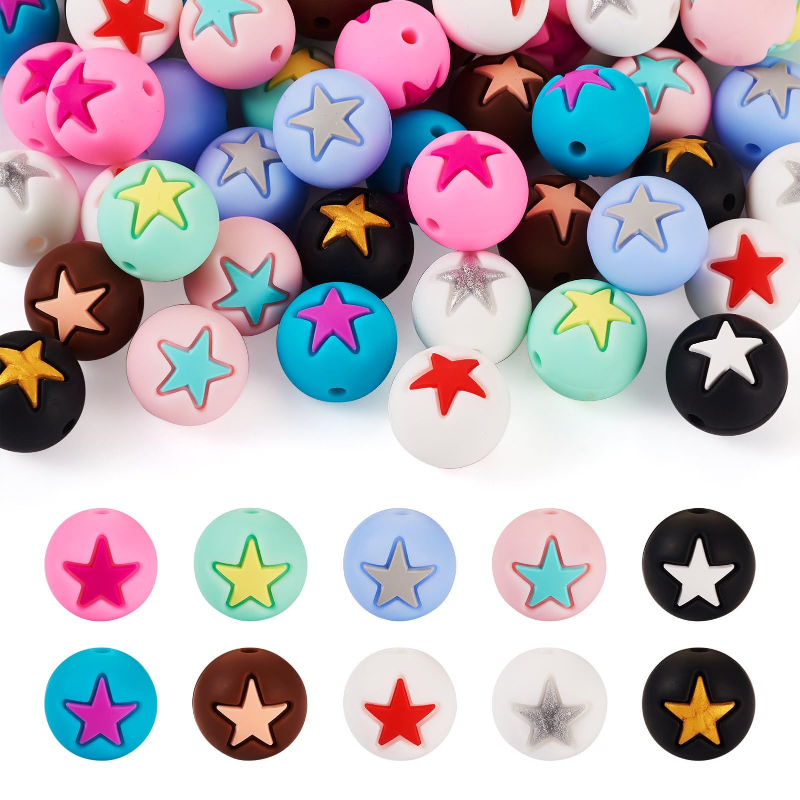 Crafans 50Pcs Round with Star Silicone Beads Large Hole Rubber Beads 10 Colors Star Pattern Round Silicone Focal Beads Chunky Beads for DIY Bracelet Jewelry Making