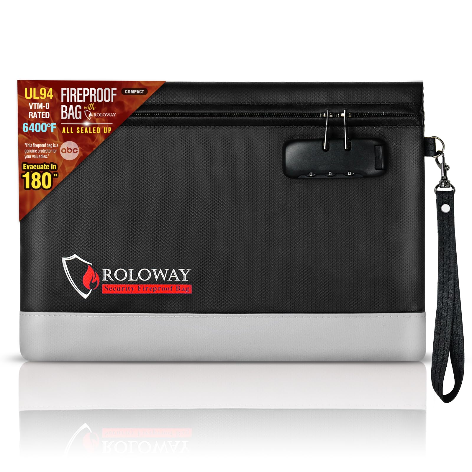 Photo 1 of ROLOWAY Fireproof Money Bag with Lock for Cash, 6400°F Fire Proof Document Bag (12.2 x 8.5 x 1.6 inches), Money Pouch with Zipper (Black)
