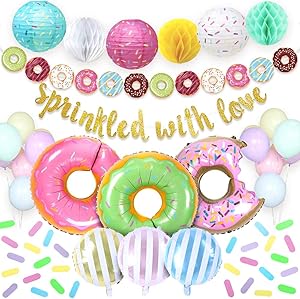 Sweet Baby Co. Donut Sprinkle Baby Shower Decorations Boy or Girl Party Supplies with Sprinkled With Love Gold Banner, Donuts and Candy Stripe Balloons, Backdrop, Garland, Lantern, Honeycomb Balls