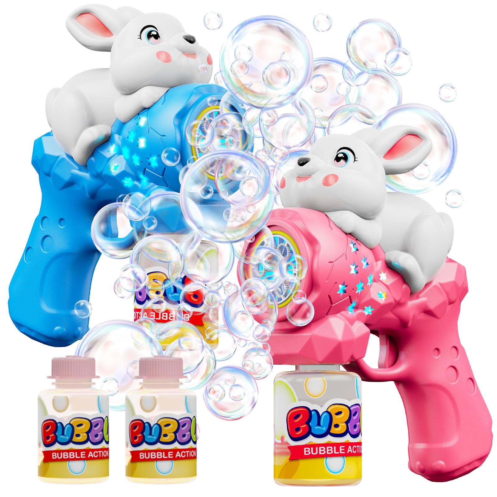 Easter Bubble Gun for Kids, 2 Pack Bunny Bubble Machine W/LED Lights,12000+ Bubble Per Min, Leak-Proof Bubble Blaster Toy Easter Basket Stuffer Outdoor Summer Party Favors, Birthday Gifts for Ages 3-8