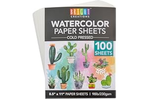 Bright Creations Printable Cold Pressed Watercolor Paper Bulk Pad - 100 Sheets, 8.5 x 11 in, 230 GSM, White - Painting Paper for Acrylics & Sketching