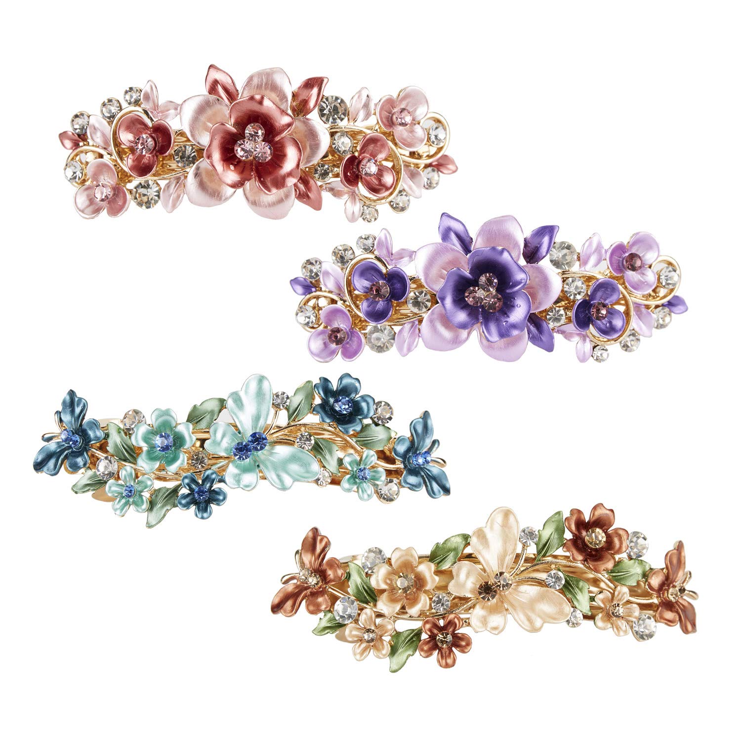4 Pack Floral Butterfly Leaf Jeweled Gems Rhinestone Glitter Sparkly Metal Hair Clips Barrettes Grip Hairpins Thick Hair Ponytail Holder Bun Accessories for Women