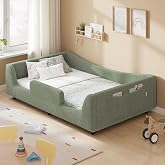 HAUOMS Floor Bed, Low Montessori Beds, Slats &amp; High Rails, Upholstered Bed | 2-in-1 Convertible Bed Frame, Curved Round Frame, Soft, Girls and Boys, No Box Spring Needed, Easy Assemble, Metal Frame
