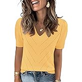 LOMON Womens Sweaters Puff Short Sleeve Lightweight Knit Summer Fall Tops Dressy V-Neck Work Blouses Business Casual Outfits