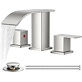 FORIOUS Waterfall Bathroom Faucets 3 Hole, 8 Inch Widespread Brushed Nickel Square Bathroom Sink Faucet with Metal Pop-up Drain and cUPC Hose, Two Handles for Vanity, RV, Farmhouse