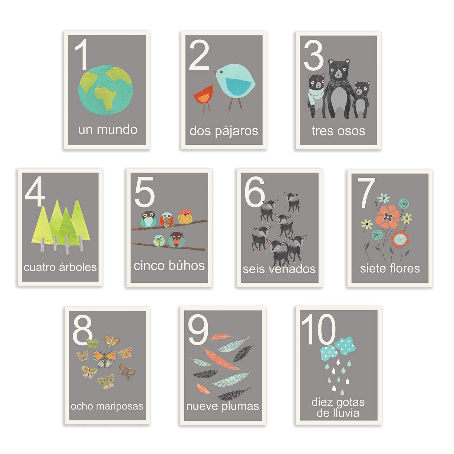 Our World Counting Cards in Spanish, Number Flash Cards, Set of Ten 5x7 Wall Art Prints, Nursery Wall Decor, Kid's Art Decor, Gender Neutral Nursery, Nature Themed, Woodland Nursery, Playroom Decor by Children Inspire Design