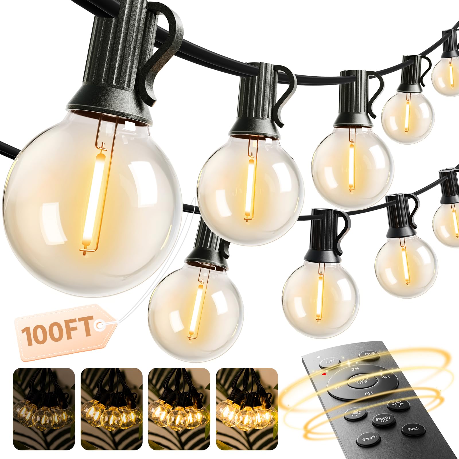 addlon Outdoor String Lights 100FT G40 with Remote 54 LED Shatterproof Bulb