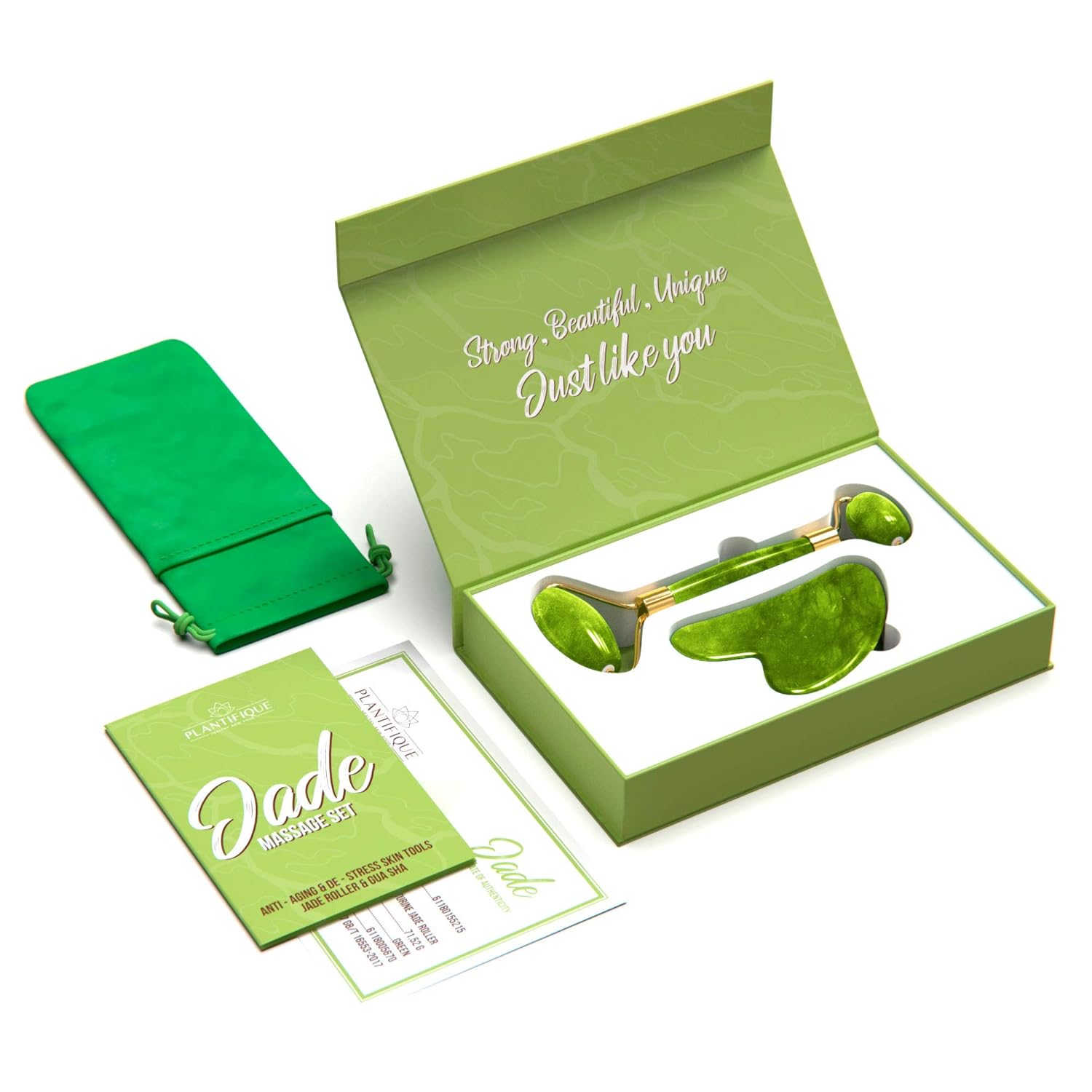 Premium Certified Jade Roller for Skin Care - 100% Natural Jade Stone - Anti Aging Facial Massage Roller with Gua Sha Stone Scrapping Tool - Rejuvenates Face Skin and Diminishes Double Chin & Wrinkle