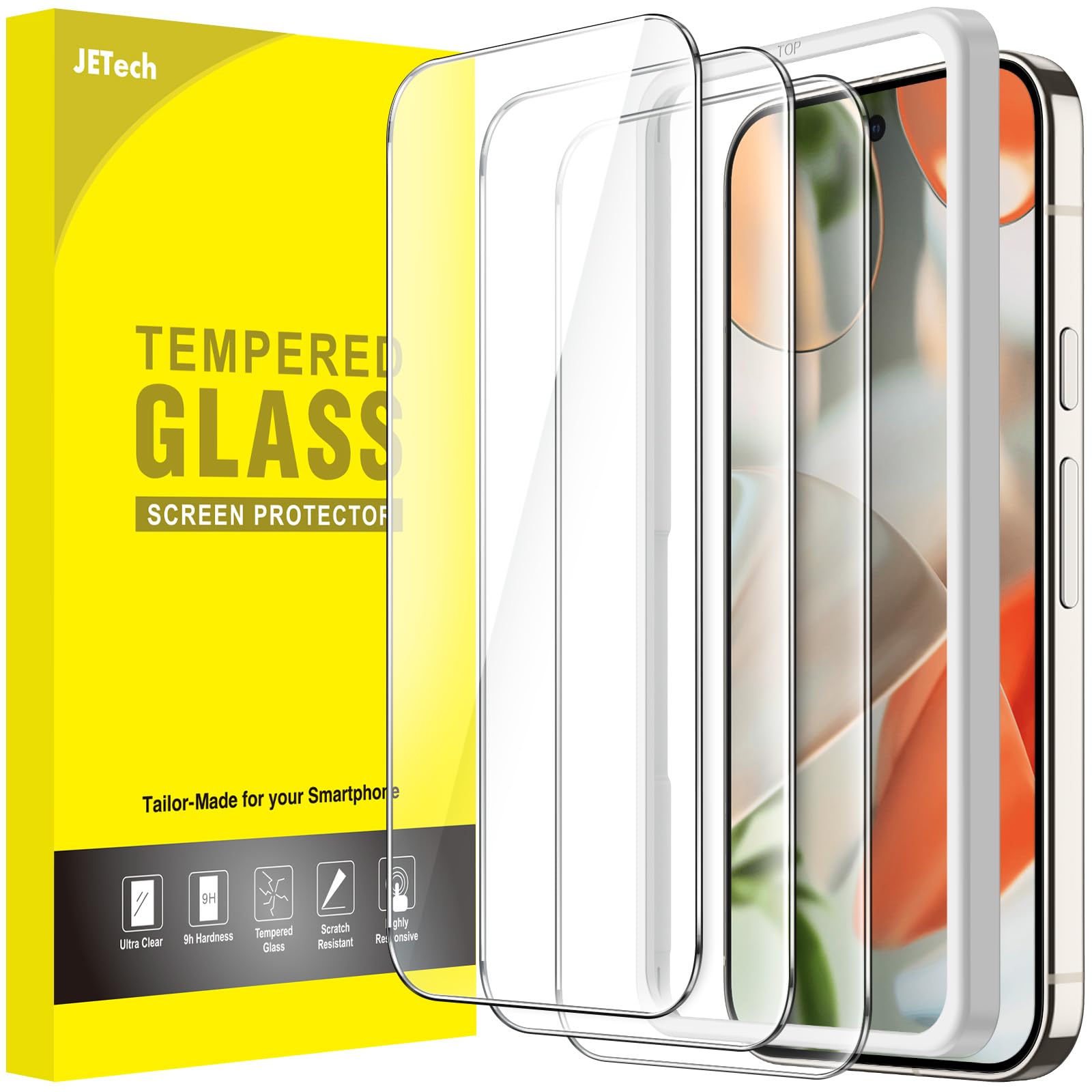 JETech Screen Protector for Google Pixel 10 Pro XL/Pixel 9 Pro XL, Tempered Glass Film with Easy Installation Tool, Fingerprint Compatible, HD Clear, 3-Pack