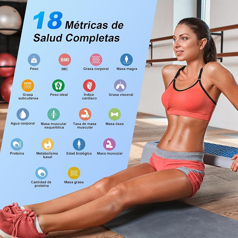 Báscula Inteligente de Baño con 8 Electrodos, Báscula de Precisión Bioimpedancia, Básculas Digitales Baño, 18 Mediciones Esenciales, para Andriod y iOS