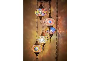DEMMEX 5 Big Globe Plug-in Turkish Moroccan Mosaic Chandelier, Handmade Hanging Ceiling Lamp, Decorative Pendant Light Fixture with 15-Foot Cord & Chain, Vintage Decor for Living Room, Bedroom, 4 ft