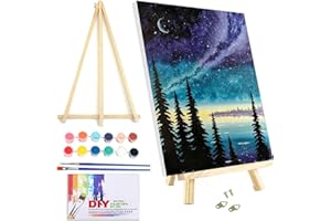 VIGEGU Paint by Numbers Kit for Adults Beginner with Framed Canvas - with Wooden Easel,Lake Starry Sky Tree DIY Oil Painting, with Acrylic Paints Brushes Nice Gift Box 7.8x11.8in