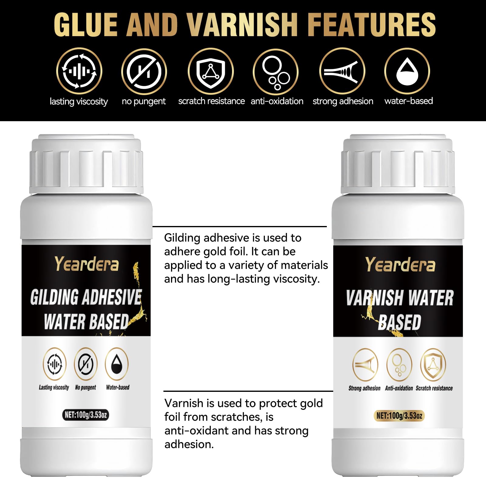 Yeardera Gold Leaf Kit, 100ml Gilding Adhesive and Varnish with 100 Gold Leaf Sheets for Arts, Crafts, Painting, Furniture, and Decoration
