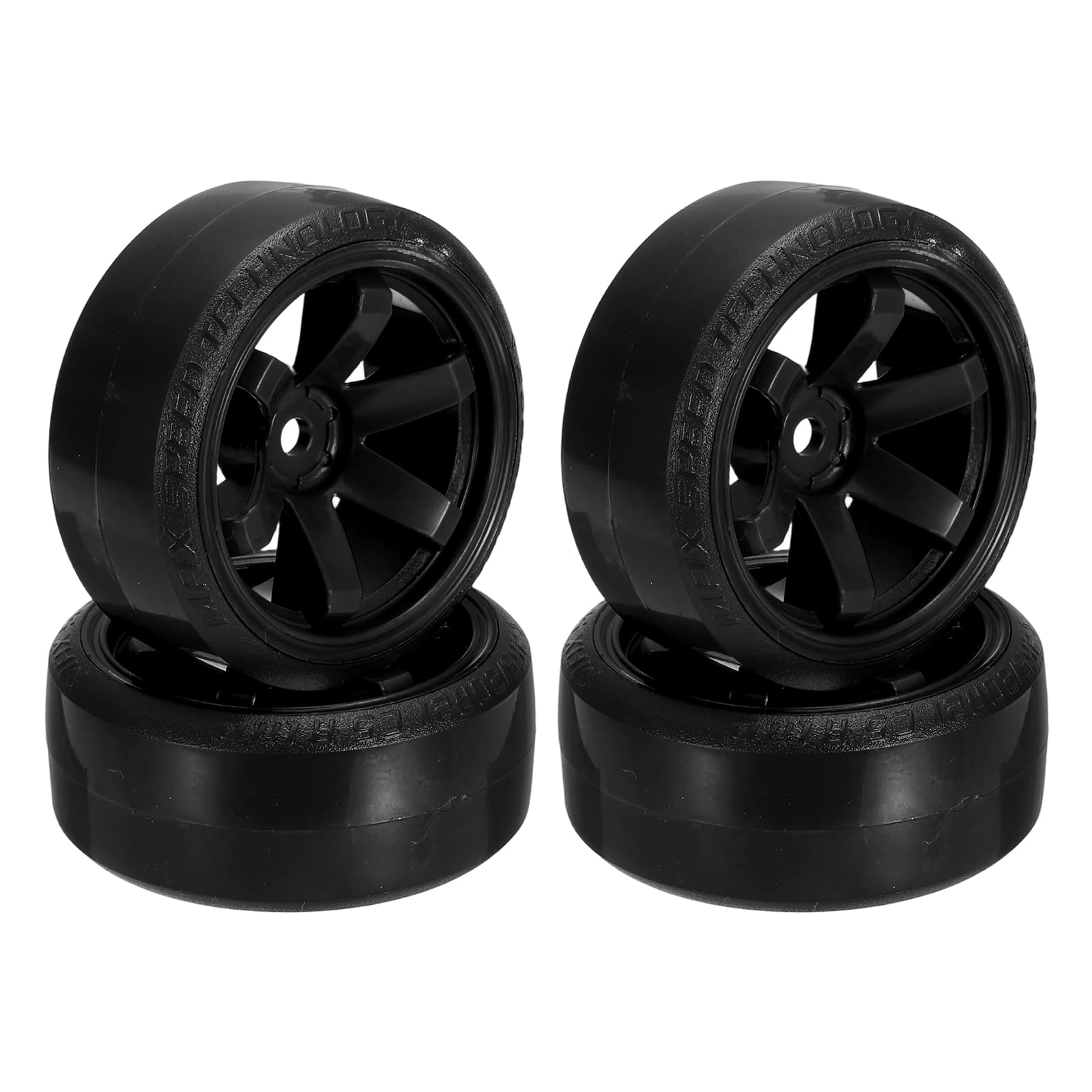 sourcing map 4Pcs 1/10 Drift Car Tires 6-Spoke Hex RC Hub Wheel Rims with Plastic Tires Hard Tyre Replacement for On-Road Drifting Vehicles, Black — image 1