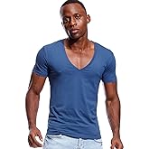 Deep V Neck T Shirt for Men Low Cut Vneck Tee Invisible Tshirt Vee Top Scoop Hem
