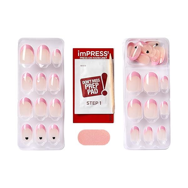 KISS IMPRESS NO GLUE MANI PRESS ON NAILS, FRENCH, ‘DITTO’, LIGHT NEUTRAL + PINK TIP FRENCH, SHORT SIZE, OVAL SHAPE, INCLUDES 30 NAILS, PREP PAD, INSTRUCTIONS SHEET, 1 MANICURE STICK, 1 MINI FILE