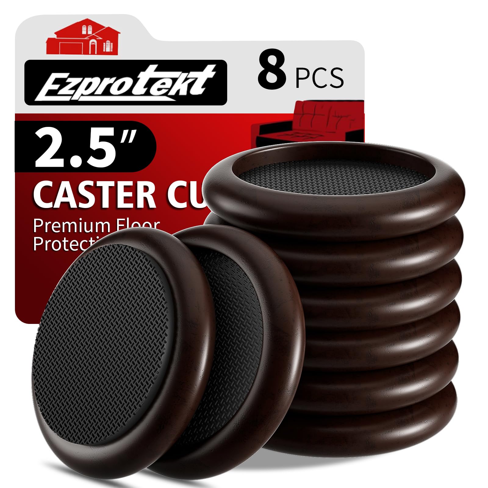 Ezprotekt Φ 63,5 mm Non Slip Wood Furniture Caster Cups, 8 PCS Furniture Pads for Hardwood Floors, 2.5” Sofas Beds Chairs Coasters with Anti-Slide Round EVA Pads -Dark Brown