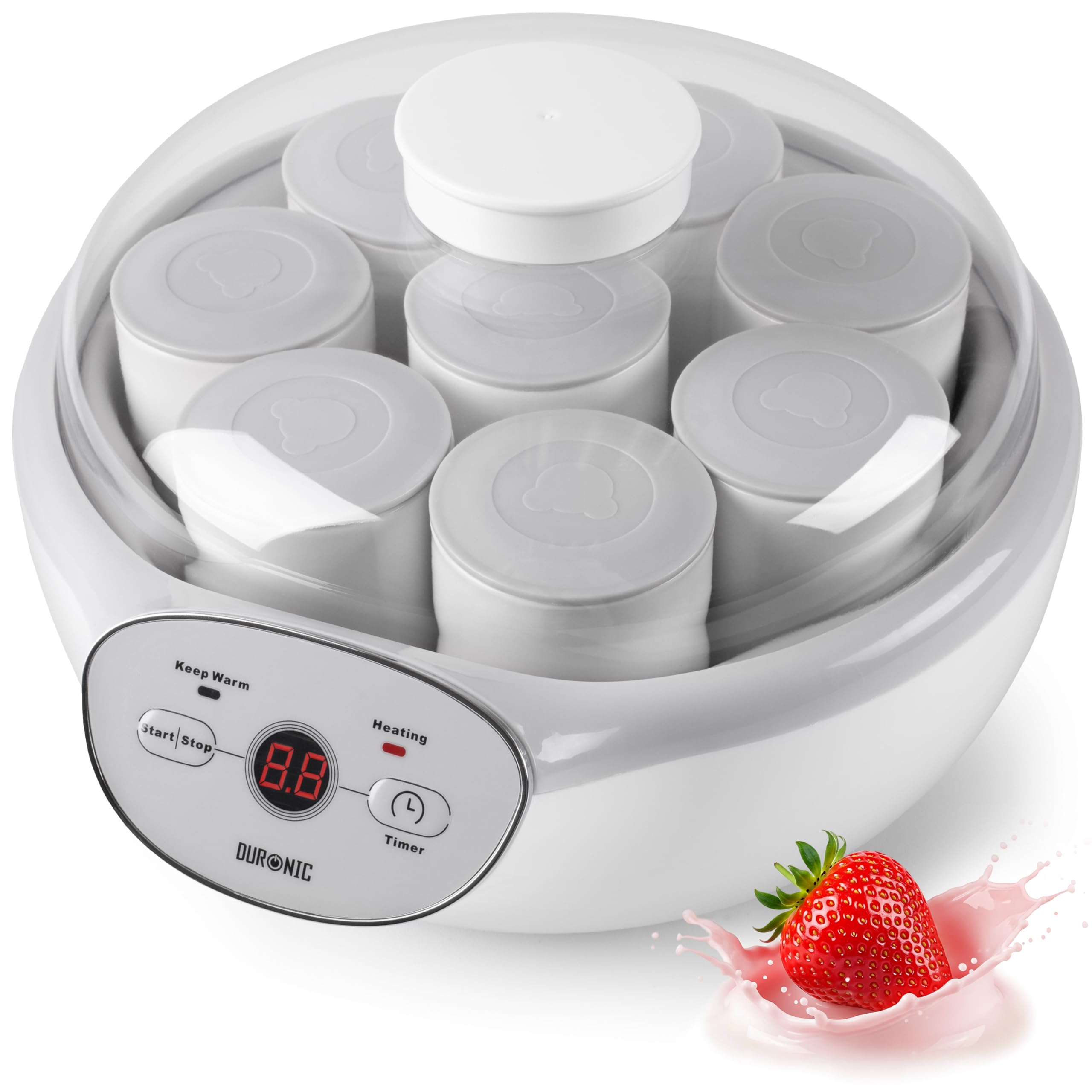 Duronic Yoghurt Makers YM2 Electric Yogurt Maker with Eight 125ml Ceramic Pots Digital Yogurt Making Machine for Homemade Natural Greek Yoghurt 20W Cheese Maker for Healthy Breakfast Protein Snack