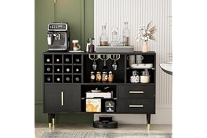 IKIFLY Accent Kitchen Sideboard Buffet Cabinet with Storage, Wood Bar Cabinet Server Cupboard with 12 Wine Bottle Rack, Stemware Holder and Drawers, for Kitchen Dinning Room Living Room - Black