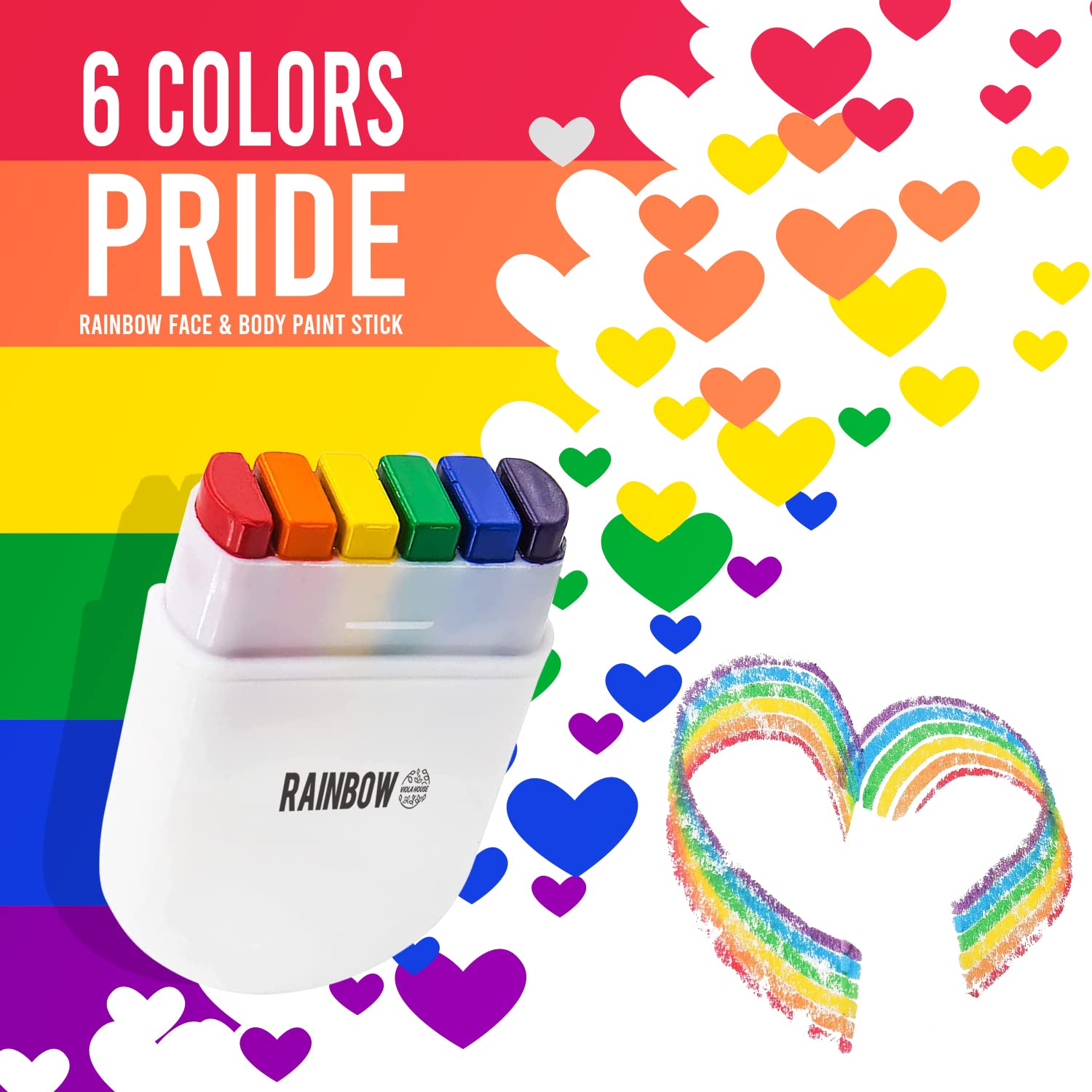 VIOLA HOUSE Rainbow Face Paint Gay Lesbian Pride Flag Color Face & Body Paint Stick mit Pride Broschen, Pocket Size Marches Events Festival.