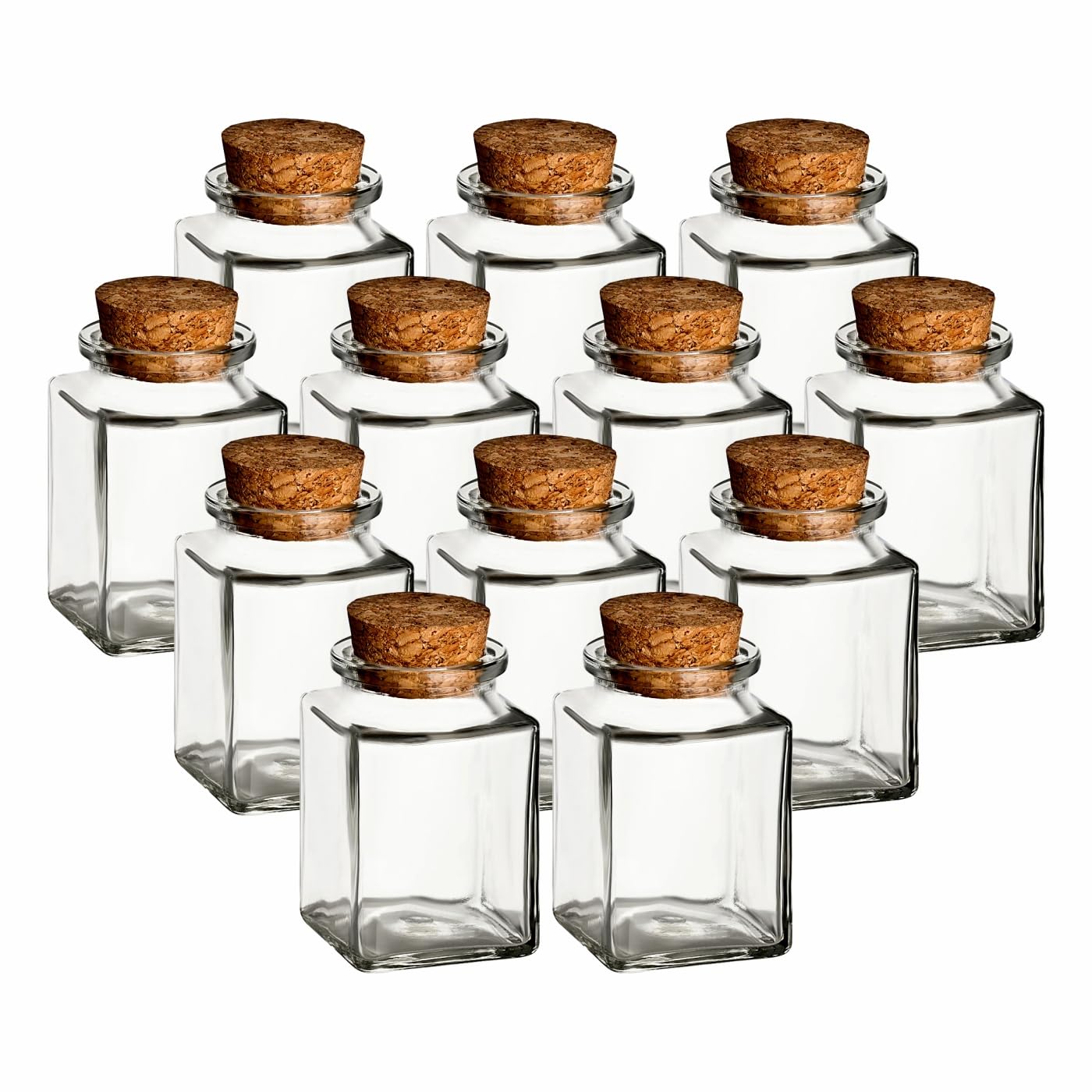 gouveo Set of 12 Spice Jars Square High 120 ml Including Recipe Booklet, Ideal for Party Favours, Cork Jars, Glass Jar, Storage Jar, Cork Jar, Square