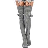 HYTENSUN Women’s Cable Knit Thigh High Socks - Over the Knee Winter Leg Warmers with Pom Pom Tie, Cozy Long Boot Stockings