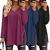 Huukeay 3 Pack Womens Oversized Long Sleeve T Shirts V Neck Knit Casual Workout Tunic Tops Side Split Loose Basic Tees