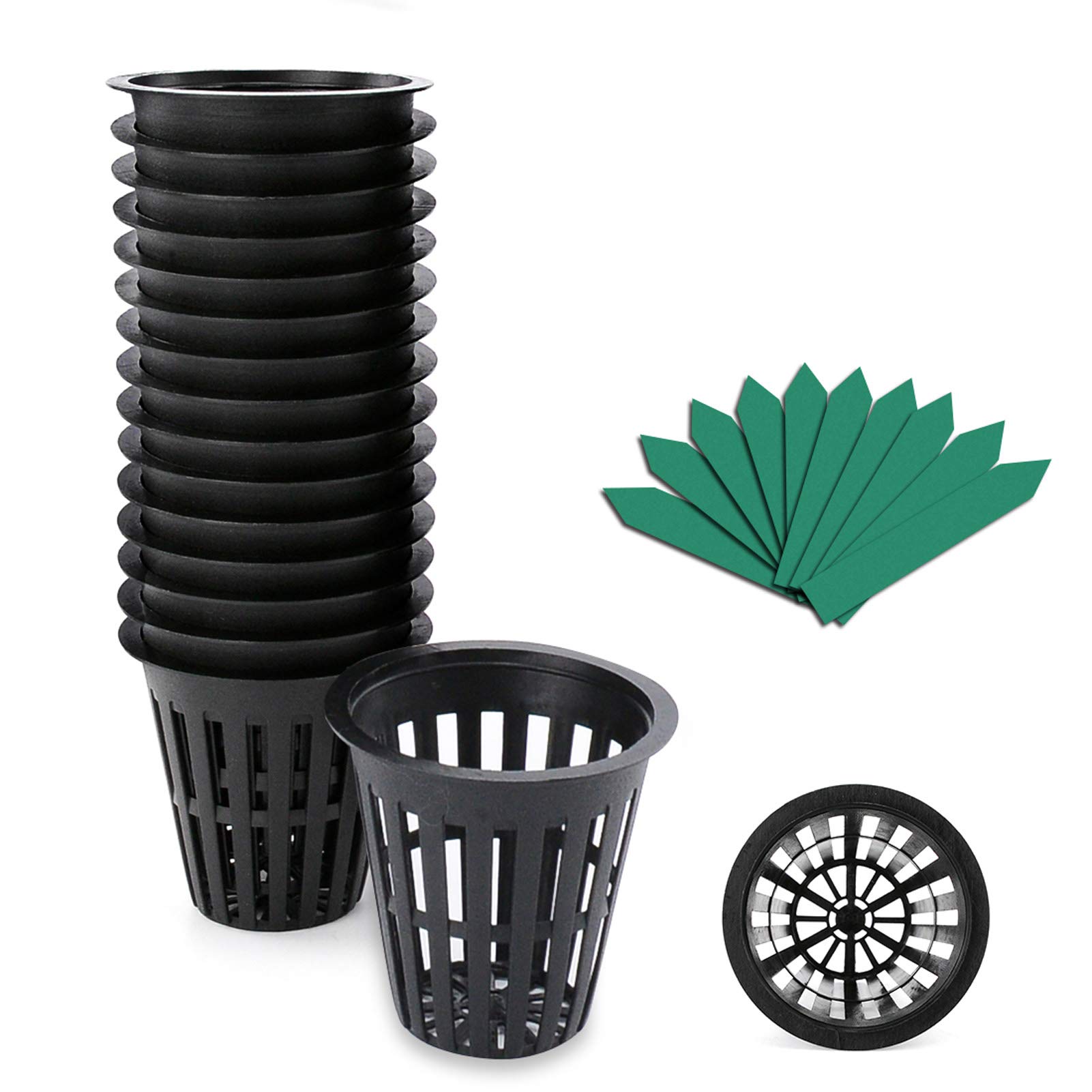 GROWNEER Net Cup Pots, 50 Pcs 2 Inch Garden Slotted Mesh Net Cups, Heavy Duty Cups Mesh Pots with 50Pcs Plant Labels, Hydroponic Planting Pots Grow Basket for Indoor Outdoor