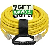 POWGRN 75 Ft 10AWG Outdoor Extension Cord, Yellow | Waterproof Heavy Duty, 10 Gauge 3 Prong, Flexible Cold-Resistant, Indoor &amp; Outside with Lighted Indicator End, ETL Listed