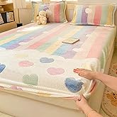 MorroMorn Fleece Fitted Sheet Full Only, Super Soft Plush Bottom Sheet with 20" Deep Pocket, Pink Kawaii Cute for Girls Kids Teen Fall Winter Spring, No Pillowcases (Rainbow Love, Full Size)