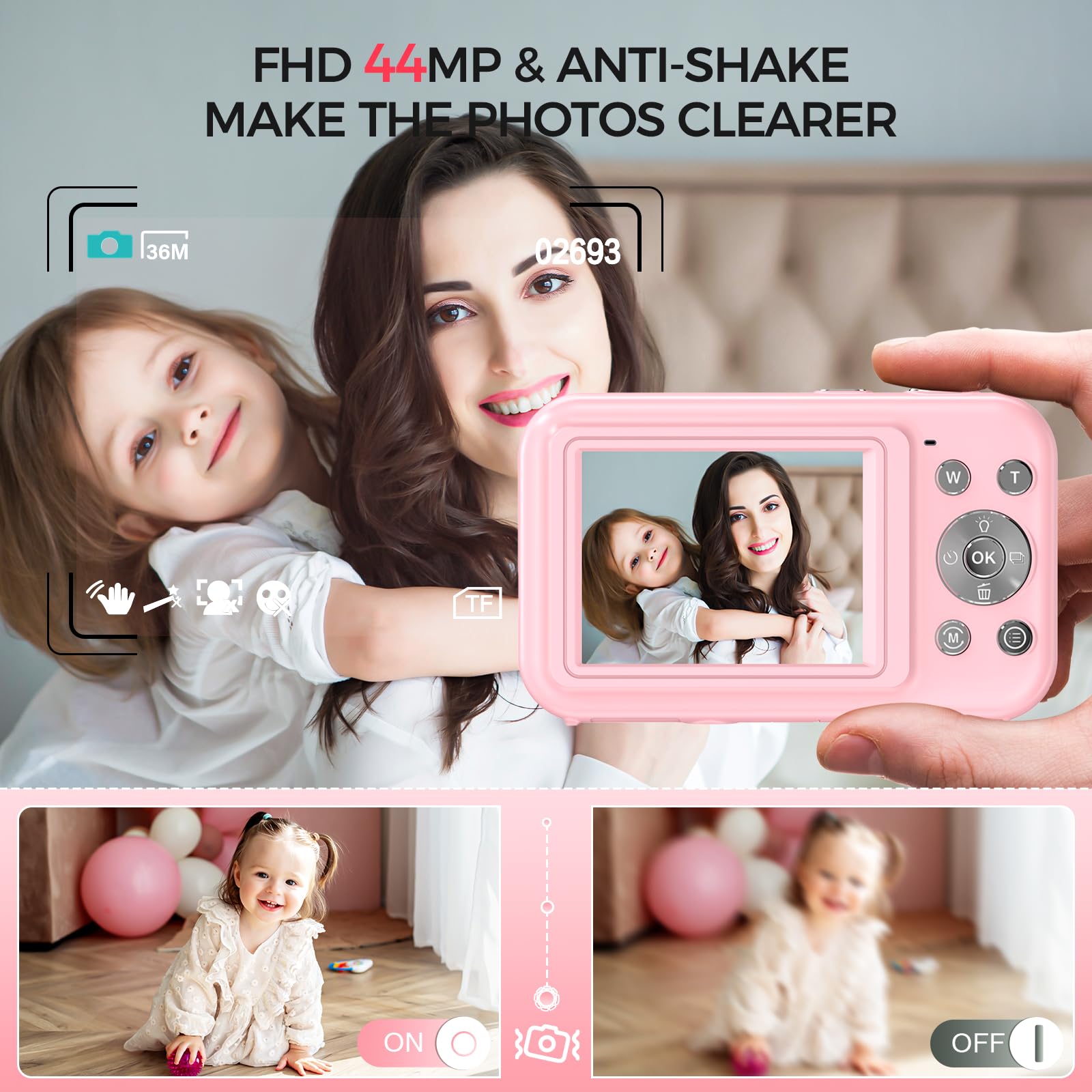 Digital Camera, FHD 1080P 44MP Kids Camera for Photography with 32GB