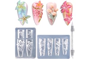 FSpronail Silicone Nail Art Molds, 2PCS Reusable Clear 3D Flowers Nail Charm Molds with Carving Pen Tulip Bouquet Lily Hibiscus Flower Nail Design Manicure Template DIY Charms Resin Craft Accessories