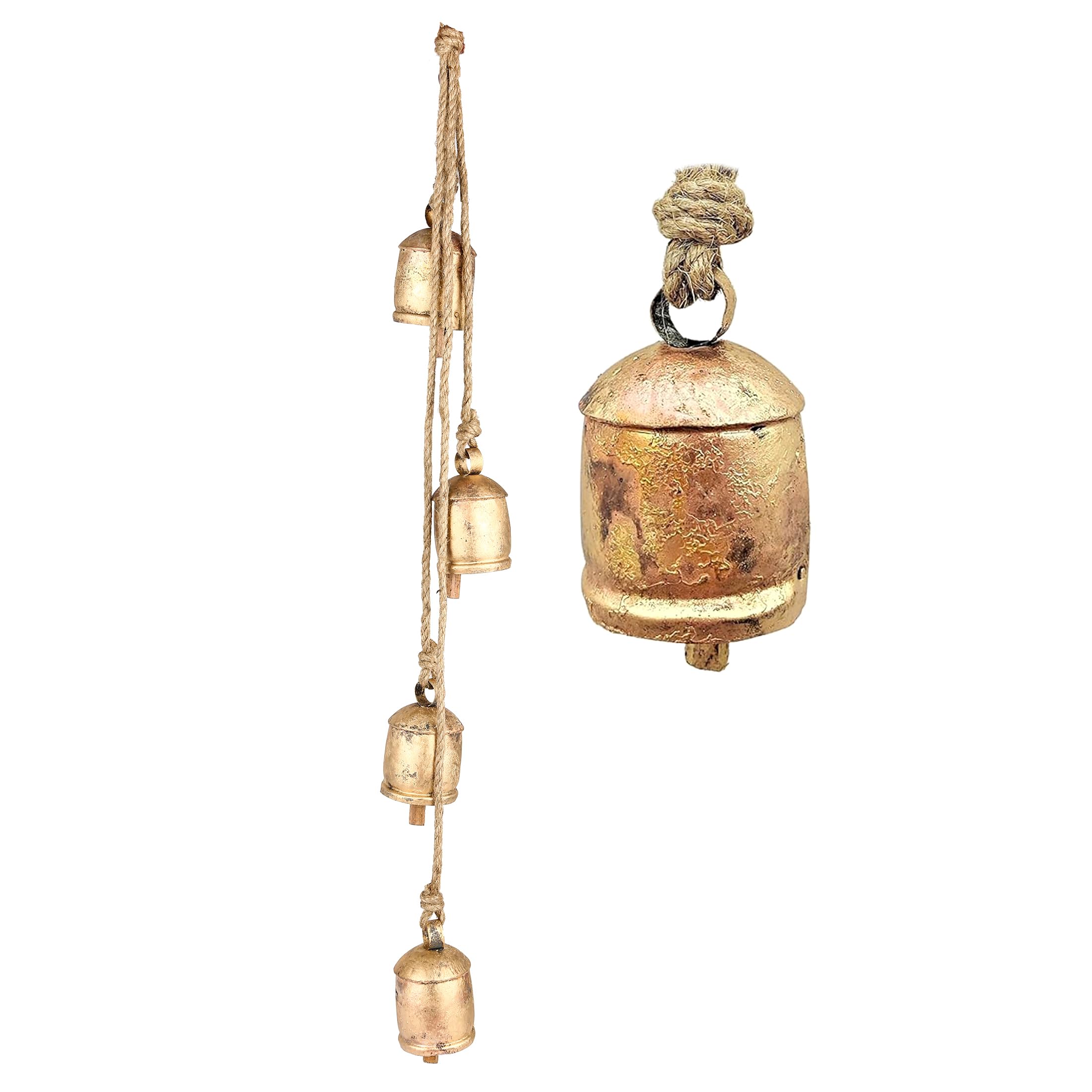 Handmade Vintage Christmas Bells Door Chime – Rustic Cowbell Wind Chimes, Gold Wall Hanging Home Décor Accent, Witchy Primitive Antique Ornament Gift, Shabby Chic Rustic Decoration 36"
