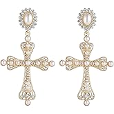 HZMAN Sparkling Large Gold-plated Cross Pendant Earrings, Retro Byzantine Baroque Style Pearl Earrings, Ball Jewelry